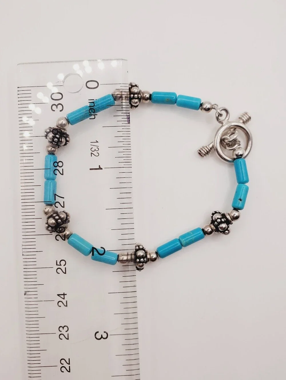 Genuine Turquoise 925 Sterling Silver Bead Bracelet With Toggle Clasp